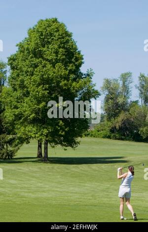 Vista posteriore di una donna che gioca a golf su un campo da golf corso Foto Stock