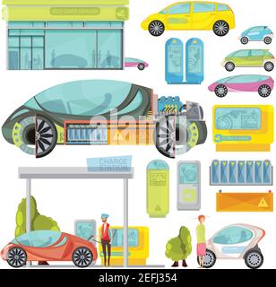 Grande e colorato insieme piatto di auto eco electro e caricare stazioni isolate su sfondo bianco illustrazione vettoriale Illustrazione Vettoriale