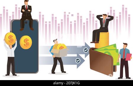 Transazione di denaro dal telefono cellulare al portafoglio. Concetto di transazioni finanziarie, trasferimento di denaro, pagamento non in contanti, sistemi online o sistema NFC. Illustrazione Vettoriale