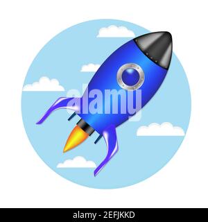 Lancio del razzo, nave. Stile cartoon piatto. Avviare l'illustrazione vettoriale Concept. Può essere utilizzato per pagine di destinazione, modelli, interfaccia utente, Web, applicazioni mobili, p. Illustrazione Vettoriale