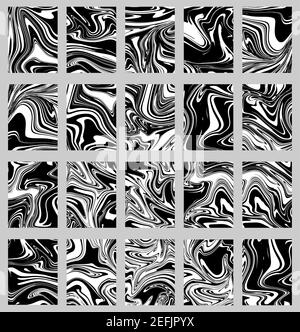 Grande set di sfondi astratti in bianco e nero. Texture di marbling dell'inchiostro. Illustrazioni in marmo. Può essere utilizzato per le icone o il tuo design.Colors grigio, bianco, bla Illustrazione Vettoriale