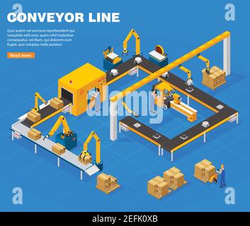 Concetto isometrico della linea di trasporto con simboli tecnologici su sfondo blu illustrazione vettoriale Illustrazione Vettoriale