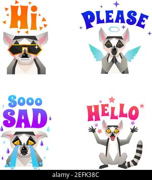 Emozioni del personaggio di lemur 4 divertenti icone poligonali impostate con triste illustrazione vettoriale isolata con lettere colorate per favore e alta Illustrazione Vettoriale