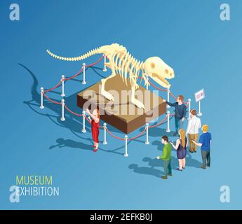 Sfondo infografico del museo con composizione isometrica dello scheletro dei dinosauri e. gruppo di visitatori di un museo di illustrazione vettoriale Illustrazione Vettoriale