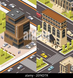 Set di due bandiere verticali isometriche per edifici governativi con polizia e uffici bancari con illustrazione vettoriale dello scenario urbano Illustrazione Vettoriale