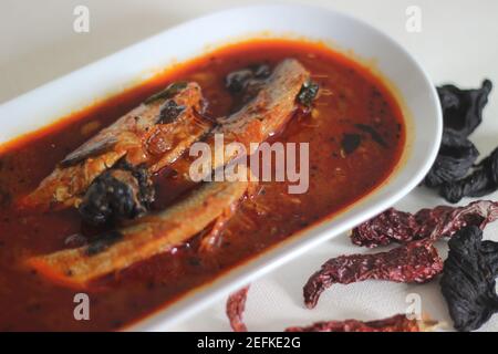 Il curry di sardine è un curry centrale tradizionale del Kerala anche conosciuto come curry di mathi. Scatto su sfondo bianco. Foto Stock