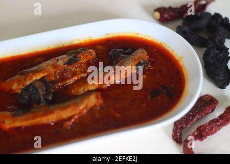 Il curry di sardine è un curry centrale tradizionale del Kerala anche conosciuto come curry di mathi. Scatto su sfondo bianco. Foto Stock