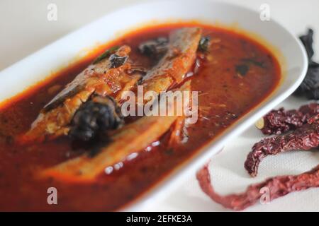 Il curry di sardine è un curry centrale tradizionale del Kerala anche conosciuto come curry di mathi. Scatto su sfondo bianco. Foto Stock