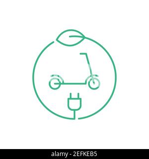 Logo scooter elettrico. Icona linea scooter e. Scooter alimentato a batteria all'interno del cerchio con una spina e una foglia. Trasporti ecologici.Vector Illustrazione Vettoriale