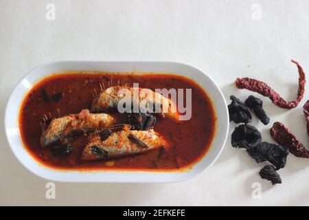 Il curry di sardine è un curry centrale tradizionale del Kerala anche conosciuto come curry di mathi. Scatto su sfondo bianco. Foto Stock