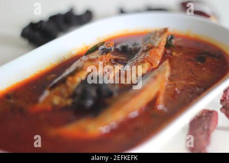 Il curry di sardine è un curry centrale tradizionale del Kerala anche conosciuto come curry di mathi. Scatto su sfondo bianco. Foto Stock