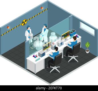 Concetto isometrico di laboratorio scientifico con assistenti che lavorano in chimica medica o illustrazione vettoriale interna del laboratorio biologico Illustrazione Vettoriale