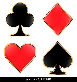 Set di carte da gioco. Quattro carte. Spade, cuore, club, diamante con cornice dorata. Può essere utilizzato per il Web, i dispositivi mobili, l'infografica e la stampa. Sim. Vettore Illustrazione Vettoriale