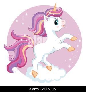 Carino unicorno cartoon con creme viola su nuvola. Illustrazione vettoriale isolata. Per cartoline, poster, design per vivai, biglietti d'auguri, adesivi, deco in camera Illustrazione Vettoriale