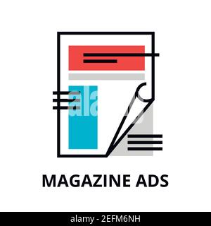 Illustrazione vettoriale di disegno piatto sottile moderno, concetto di pubblicità della rivista, processo di marketing e promozione, per grafica e web design Illustrazione Vettoriale