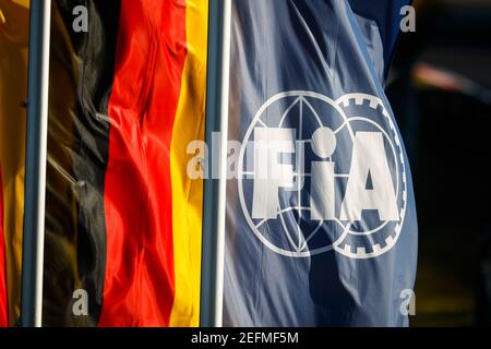 Illustrazione bandiera del logo FIA, drapeau durante la Formula 1 Aramco Grosser Preis Der Eifel 2020, Gran Premio di Eifel, dal 9 al 11 ottobre 2020 sulla Nürburgring, a Nürburg, Germania - Foto Antonin Vincent / DPPI Foto Stock