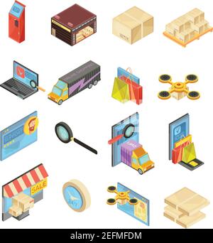 Internet store insieme isometrico con ricerca di merci, magazzino, tracciamento delle consegne, pagamento online, pacchetto isolato illustrazione vettoriale Illustrazione Vettoriale