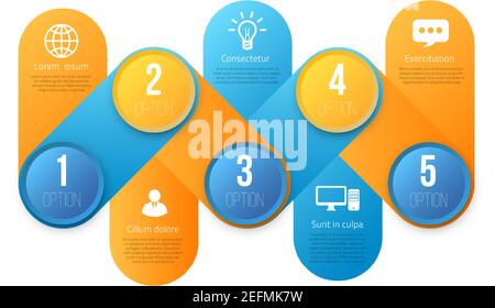 Infografiche con 5 passaggi o opzioni, design luminoso colorato blu e giallo, modello vettoriale Illustrazione Vettoriale