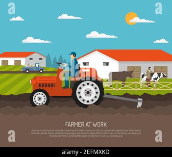 Terreno agricolo con terreno agricolo pianeggiante e carattere contadino animali agromotori e animali da allevamento con illustrazione vettoriale del testo Illustrazione Vettoriale