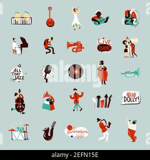 Musicisti jazz e vari strumenti musicali icone piatte set isolati illustrazione vettoriale Illustrazione Vettoriale