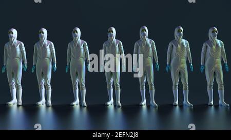 fila di persone in tute di protezione Foto Stock