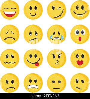 Set di emoticon e emoji gialle. Illustrazione vettoriale in stile acquerello su sfondo bianco Illustrazione Vettoriale