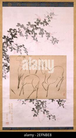 Ogata Kōrin - disegno preliminare dei tre ceri montati Un Hanging-scroll pittura di Bush Clover fiorito Foto Stock