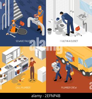 Progetto isometrico idraulico con composizioni quadrate di equipaggio idraulico illustrazione vettoriale del processo di riparazione e visita del sito dei caratteri Illustrazione Vettoriale