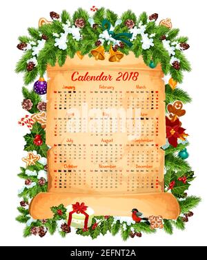 2018 modello di calendario delle decorazioni dell'albero di Natale e cornice dei regali di Capodanno a Santa. Campanello d'oro vettoriale e ghirlanda stellare, brughiera e pan di zenzero Illustrazione Vettoriale