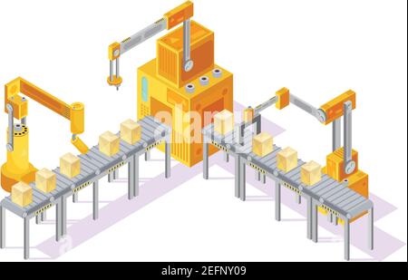 Sistema di trasporto grigio giallo con pannello di controllo, mani robotizzate e imballaggio in linea con illustrazione vettoriale isometrica Illustrazione Vettoriale