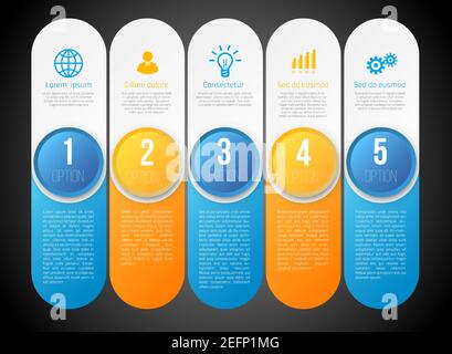 Infografiche con 5 passaggi o opzioni, design luminoso colorato blu e giallo, modello vettoriale su sfondo scuro Illustrazione Vettoriale