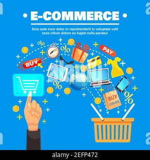 Composizione concettuale dell'e-commerce con le icone e i segni di shopping online con cesto supermercato e illustrazione vettoriale mano umana Illustrazione Vettoriale