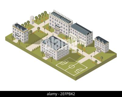 Concetto di campus universitario isometrico con campo sportivo universitario e parco illustrazione vettoriale Illustrazione Vettoriale