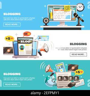 Blogger banner con composizioni di immagini in stile doodle e social icone di rete con illustrazione vettoriale del pulsante leggi tutto Illustrazione Vettoriale