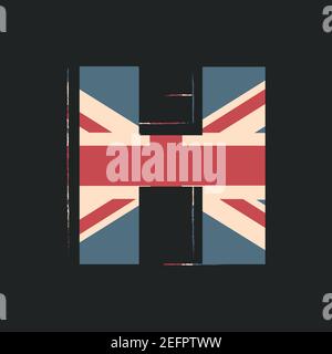 Lettera h 3d maiuscola con texture UK flag isolata su sfondo nero. Illustrazione vettoriale. Elemento per la progettazione. Alfabeto per bambini. Illustrazione Vettoriale