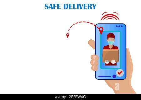 Telefono portatile con app mobile per il servizio di consegna online. Corriere con scatola. Rimani a casa. Consegna sicura delle merci. Banner o poster con spazio per la copia. Illustrazione Vettoriale
