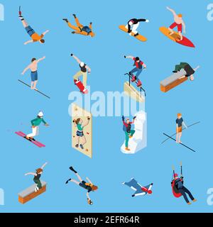 Sport estremi persone isometrica set con immersioni skateboard parapendio sci navigazione su sfondo blu immagine vettoriale isolata Illustrazione Vettoriale