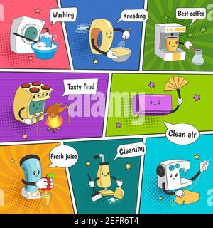 Elettrodomestici pagina fumetto brillante e colorata con icone divertenti che mostrano apparecchiature elettriche domestiche come cartoon caratteri flat vettore illustrazione Illustrazione Vettoriale