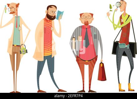 Collezione di personaggi con direttore scolastico e insegnanti di biologia, chimica, letteratura retro cartoon stile isolato vettore illustrazione Illustrazione Vettoriale
