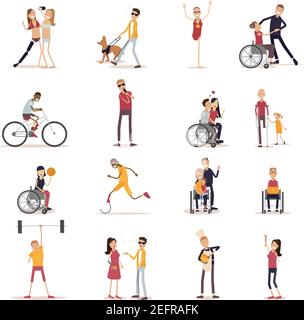 Icone per disabili con simboli di sport e tempo libero in piano illustrazione vettoriale isolata Illustrazione Vettoriale