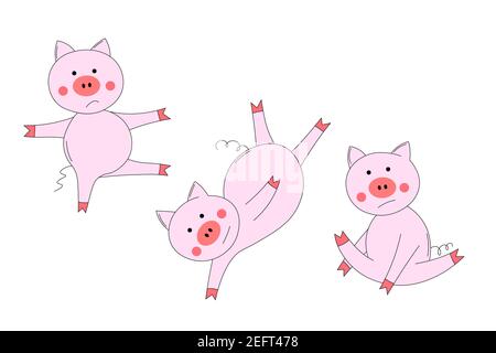 Animali set con maiale rosa carino. Il maialino fa esercizi, va in sport. Per i bambini. Illustrazione vettoriale del contorno. Isolato cartone animato adorabile Illustrazione Vettoriale