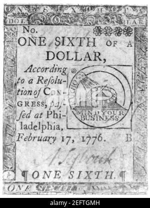 Un sesto di un dollaro secondo una risoluzione del Congresso passato a Philadelphia, 17 Febbraio 1776 Foto Stock