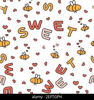 Modello vettoriale senza giunture di cartoni animati semplici api, cuori, testo di lettere dolci. Gli elementi di sfondo bianco, gialli e rosa sono isolati separatamente Illustrazione Vettoriale