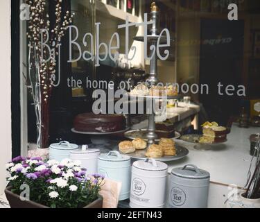 Vetrina di una tradizionale casa da tè con dolci e canister di tè, Haarlem, Amsterdam, Paesi Bassi Foto Stock