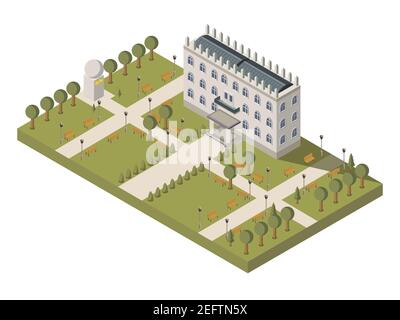 Composizione universitaria isometrica con parco di costruzione universitaria e vettore di campus illustrazione Illustrazione Vettoriale