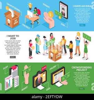 Set isometrico di banner colorati orizzontali con idee di progetti di crowdfunding e volontari che fanno donazioni isolato vettore illustrazione Illustrazione Vettoriale