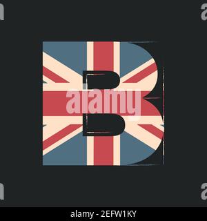Lettera b maiuscola 3d con trama UK flag isolata su sfondo nero. Illustrazione vettoriale. Elemento per la progettazione. Alfabeto per bambini. Illustrazione Vettoriale