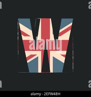 Lettera W 3d maiuscola con trama UK flag isolata su sfondo nero. Illustrazione vettoriale. Elemento per la progettazione. Alfabeto per bambini. Illustrazione Vettoriale