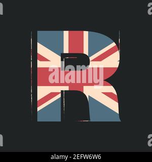 Lettera R 3d maiuscola con texture UK flag isolata su sfondo nero. Illustrazione vettoriale. Elemento per la progettazione. Alfabeto per bambini. Illustrazione Vettoriale