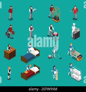 Il personale dell'hotel è dotato di un set isometrico che include il cameriere capo chef campanellino su sfondo verde isolato illustrazione vettoriale Illustrazione Vettoriale